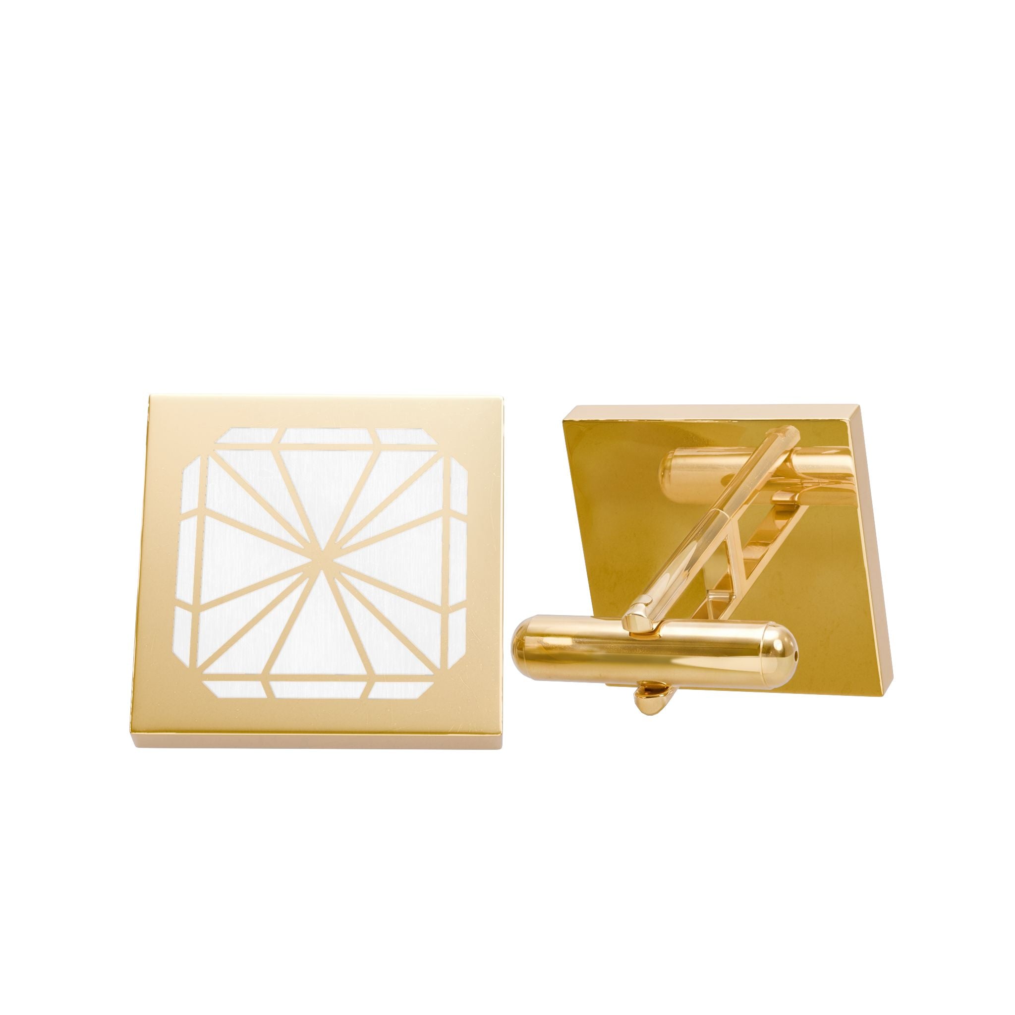 Gold Square Cufflinks with White Enamel Star Inlay — Elegant Wedding & Formal Accessory