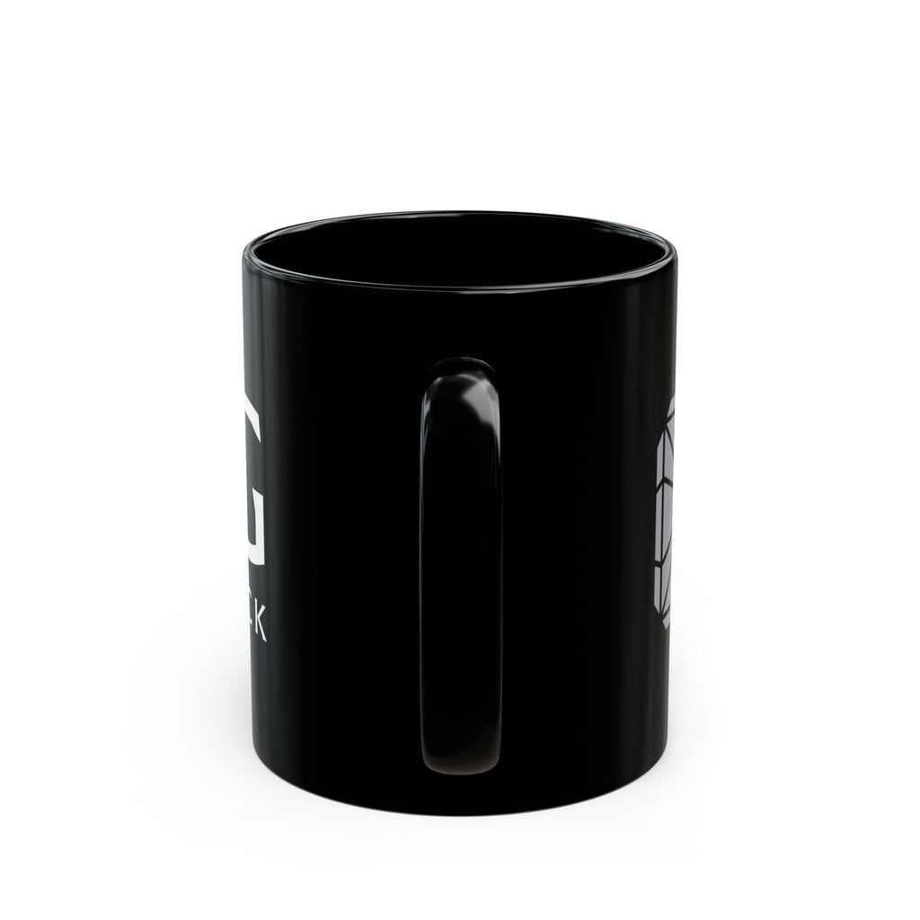 Mystic Rock Mug — Black Ceramic Coffee Cup with Geometric Gem Logo