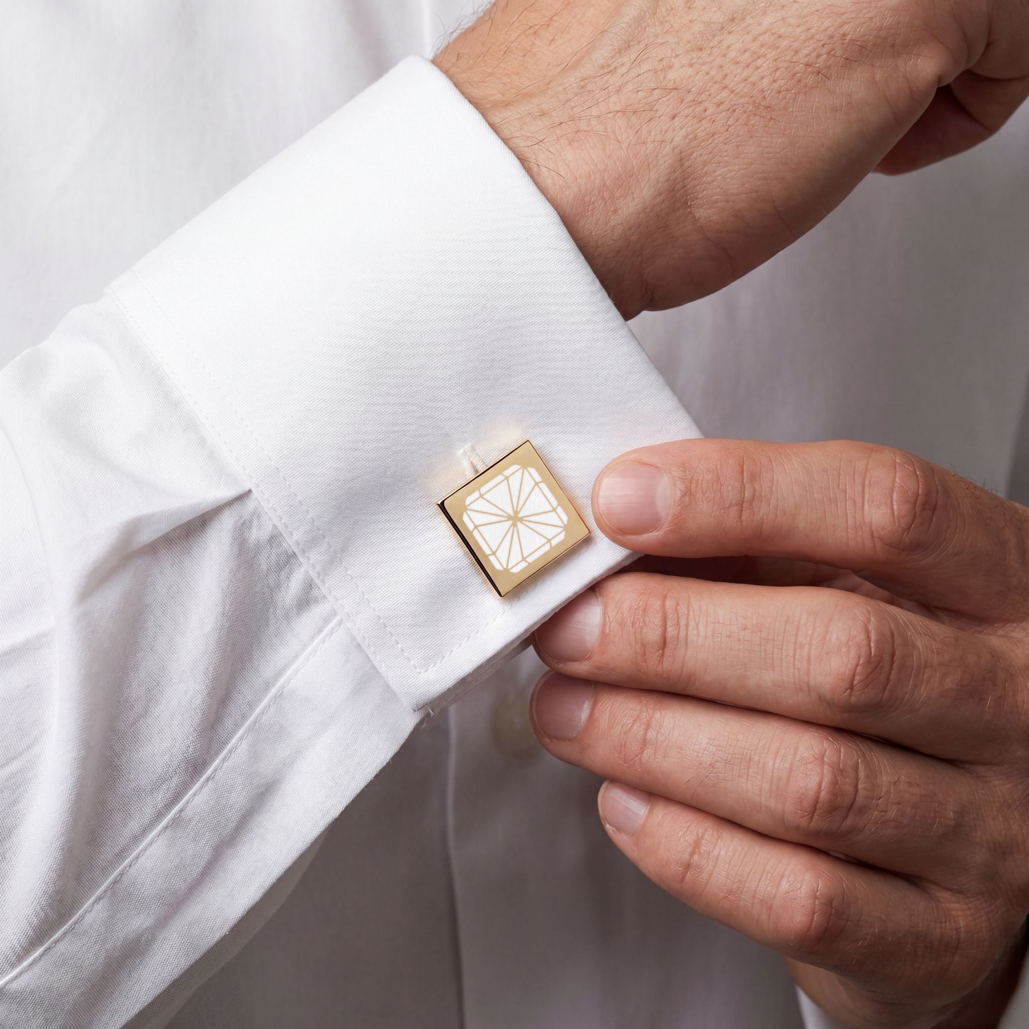Gold Square Cufflinks with White Enamel Star Inlay — Elegant Wedding & Formal Accessory