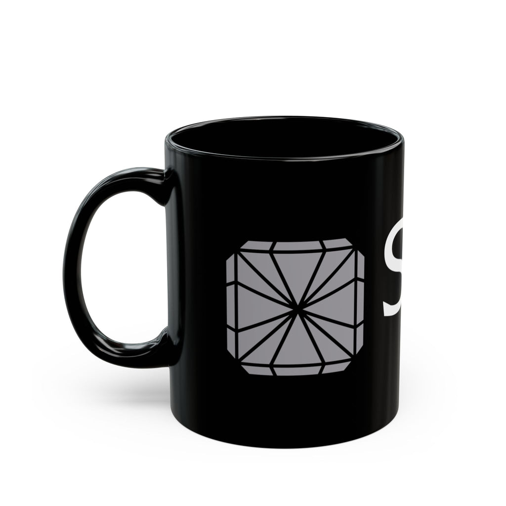 Mystic Rock Mug — Black Ceramic Coffee Cup with Geometric Gem Logo