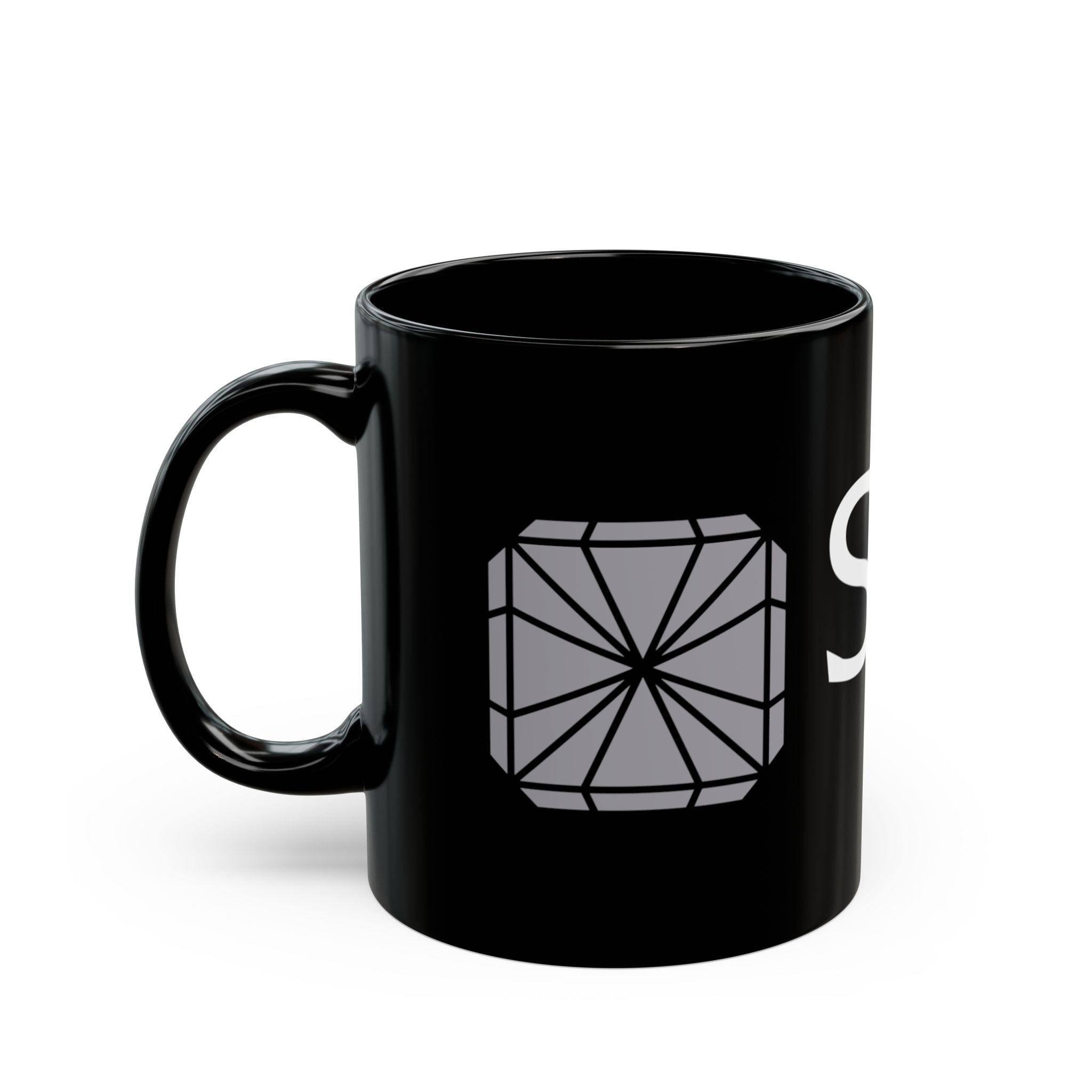 Mystic Rock Mug — Black Ceramic Coffee Cup with Geometric Gem Logo