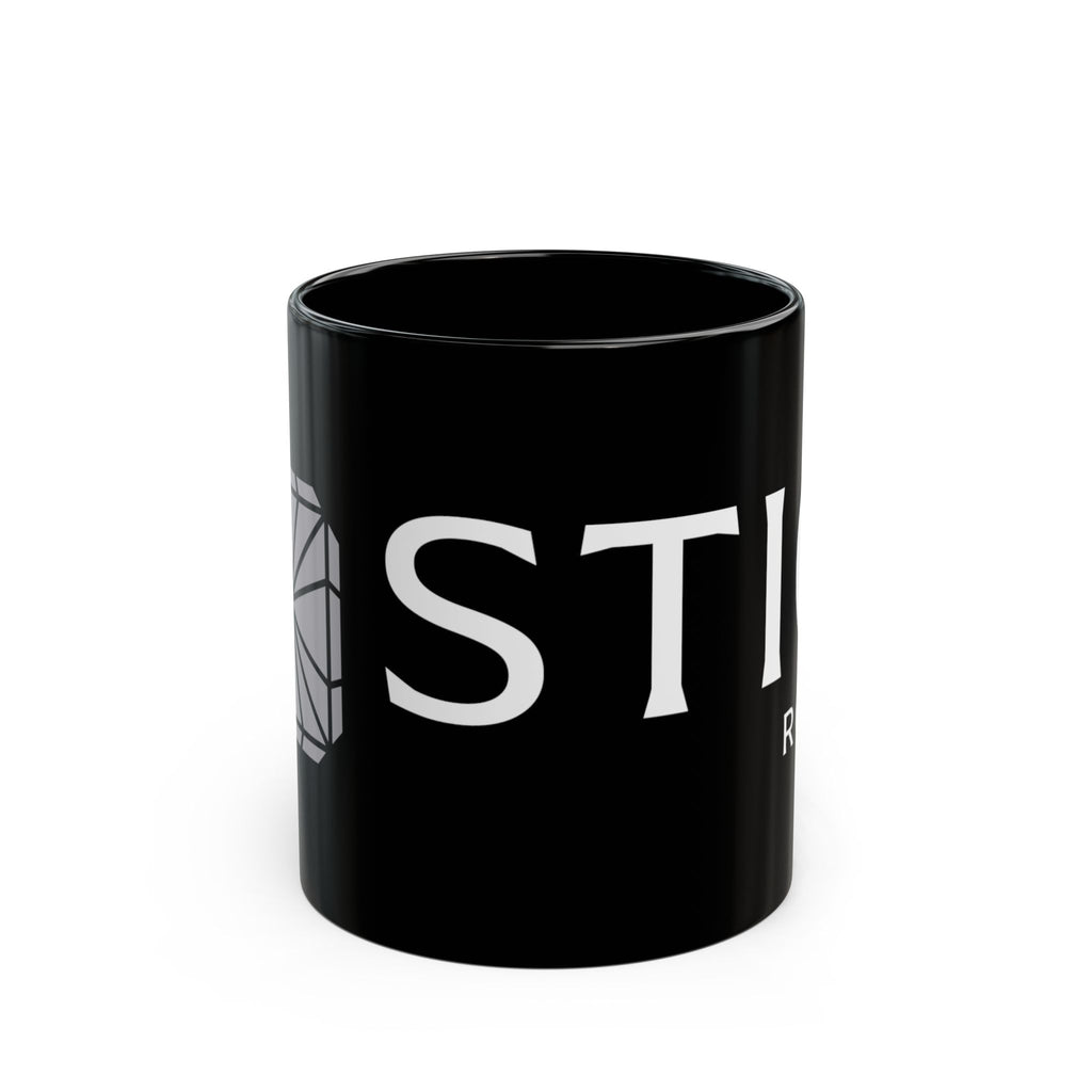 Mystic Rock Mug — Black Ceramic Coffee Cup with Geometric Gem Logo