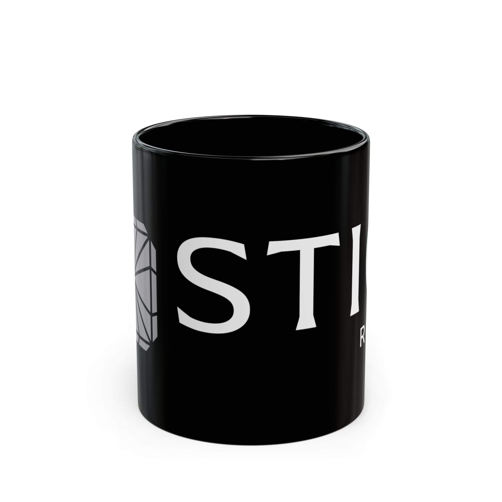 Mystic Rock Mug — Black Ceramic Coffee Cup with Geometric Gem Logo